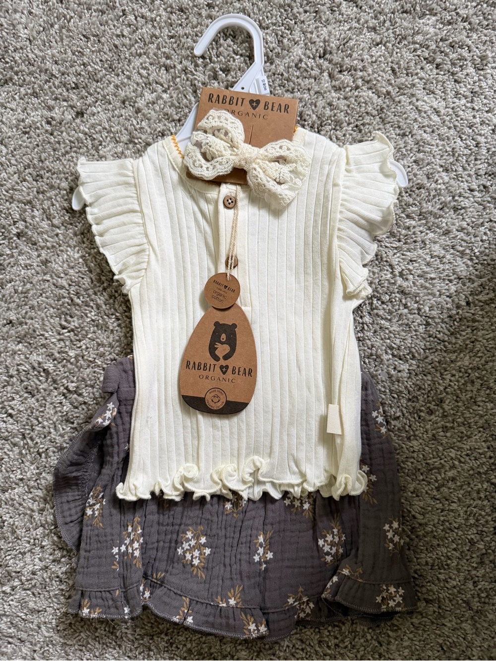 Cream Ribbed Ruffle Kids Top with Lace Bow